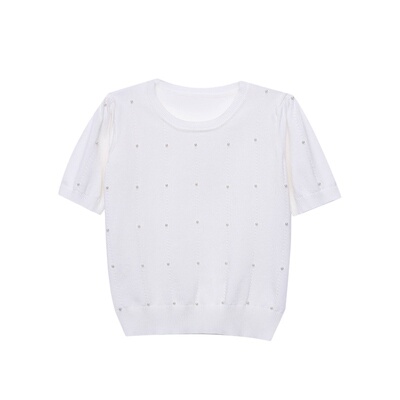 小香风钉珠圆领短袖针织衫