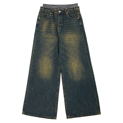 PIHO原创条纹双腰头复古水洗阔腿牛仔裤2026春夏男女宽松百搭长裤