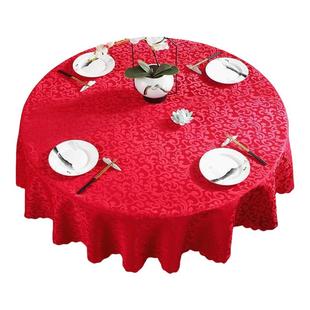 酒店餐桌布欧式双钩花台布大圆桌圆形布艺饭店家用喜庆酒红色桌垫