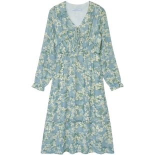 花吉Q263浅绿色早秋气质温柔风碎花裙V领收腰系带长袖碎花连衣裙