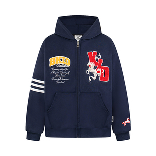 SREK新款美式字母刺绣开衫连帽卫衣男女春秋宽松加绒情侣拉链上衣