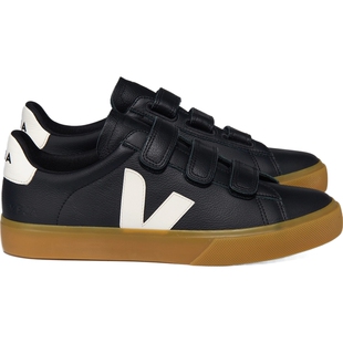 VEJA 女简约基础款V字印花黑色皮革魔术贴运动鞋