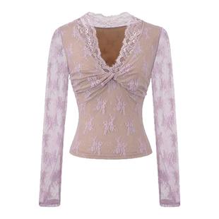 怪力酱 蕾丝V领内搭打底衫女春秋设计感扭结纯欲紧身长袖绝美上衣