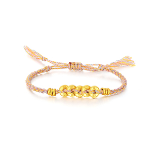 赛菲尔五帝钱黄金手链硬金手绳钱币手串编绳盘缠足金礼物女生