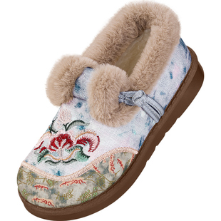 老北京布鞋女冬加绒保暖羊毛妈妈棉鞋中老年一脚蹬防滑软底绣花鞋