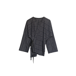 大拙法式文艺电影感穿搭斜襟绑带毛边设计经典格纹毛呢外套240506