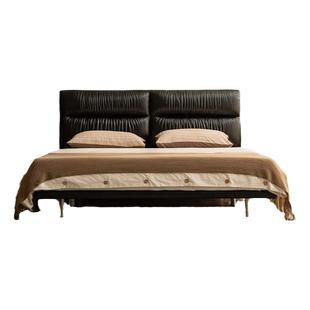 支吾曜石真皮床复古极简中古风主卧实木软包现代简约轻奢油蜡皮床