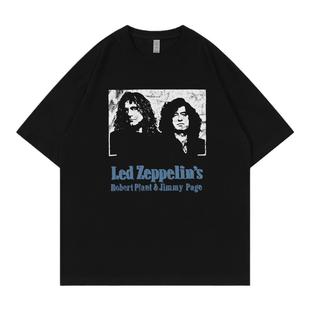 Led Zeppelin乐队复古美式街头vtg落肩宽松纯棉圆领摇滚短袖T恤黑