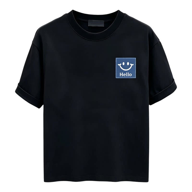 GLE笑脸纯棉宽松短袖T恤黑色