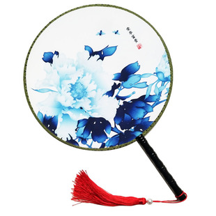 团扇古风双面正圆宫廷圆形莲花扇子中国风牡丹青花瓷旗袍走秀舞蹈