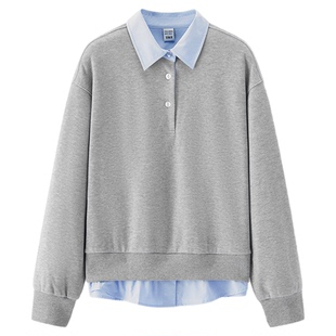 商场同款|森马卫衣女冬季衬衫领假两件抓绒2025新款文艺通勤上衣