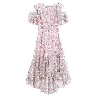 法式荷叶边印花连衣裙夏短袖收腰中长裙垂感粉色碎花淡色系仙气风