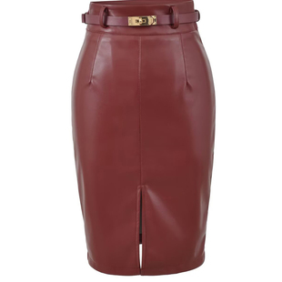 【送同色腰带】百搭中长款皮裙修身前A字开衩半身裙通勤OL职业裙