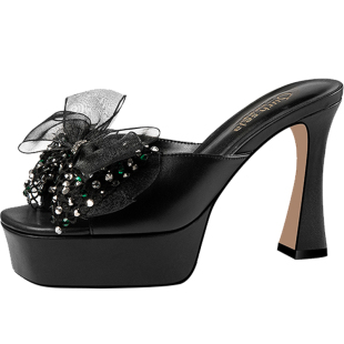 蝴蝶结拖鞋女夏外穿2026新款黑色厚底防水台凉拖真皮鱼嘴高跟凉鞋