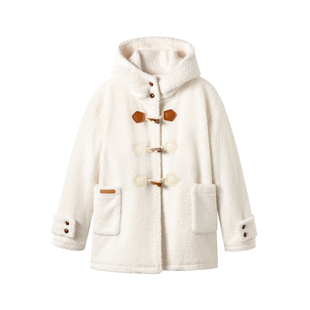 yawhat奶白色毛茸茸仿羊羔毛连帽外套中长款牛角扣秋冬保暖大衣