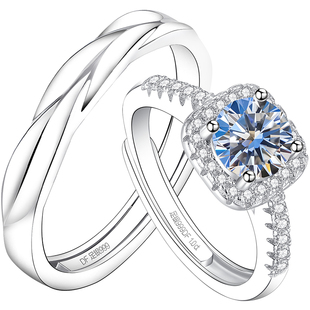 银戒指方糖小情侣对戒999纯银一对情侣款莫桑石钻戒求婚结婚婚戒