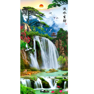 中式山水风景流水生财家用门帘隔断帘免打孔布艺卫生间厨房半帘