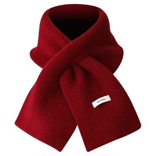 韩系100%澳洲羊毛围脖气质新年红色交叉式小围巾女生保暖针织护颈