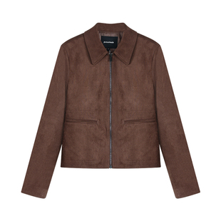 pusumede【现货7.5折】经典机车夹克女翻领宽松麂皮绒面短外套