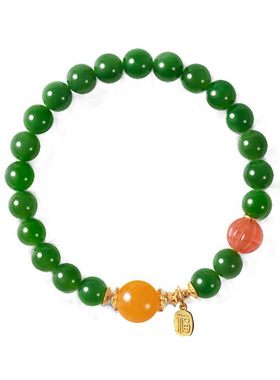 新中式国潮天然和田玉碧玉南红圆珠单圈手串女款玉石手链带证书