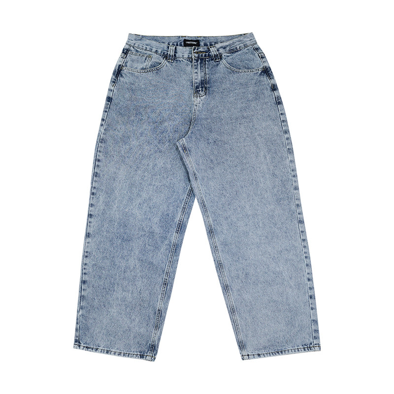 PRESSURE滑板牛仔裤美式街头浅蓝色炒雪花oversize宽松版型情侣款