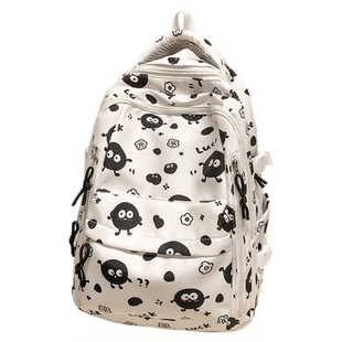 袋鼠双肩包书包初中女生大容量多隔层煤球高中生尼龙防水黑白背包