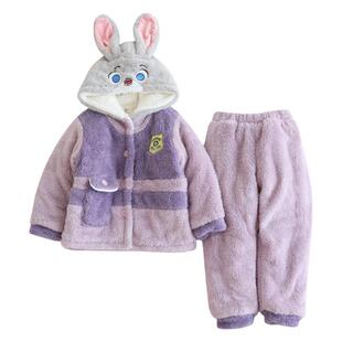 冬新品女童可爱长耳朵兔子加厚双面绒家居服套装双层加绒保暖睡衣
