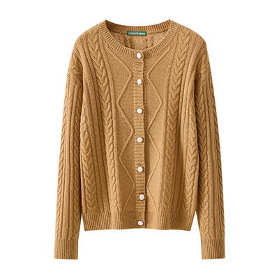 【加厚纯羊毛】春竹秋冬新款圆领绞花减龄保暖毛衣外套女针织开衫