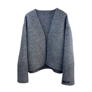 牦牛绒暮云灰无领短款双面绵羊毛大衣女25秋新款宽松简约毛呢外套