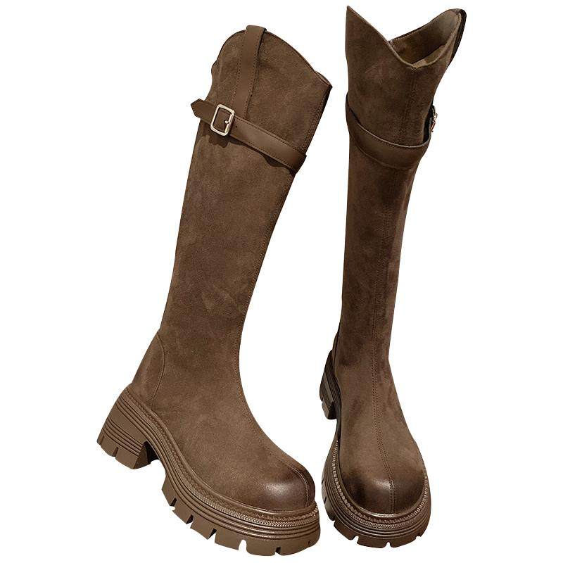 绒面复古V口高筒靴女2026年新款英伦风厚底圆头显瘦不过膝长筒靴