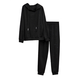 大码女装韩版潮流时尚套装烫钻连帽宽松长裤洋气两件套胖妹妹外套