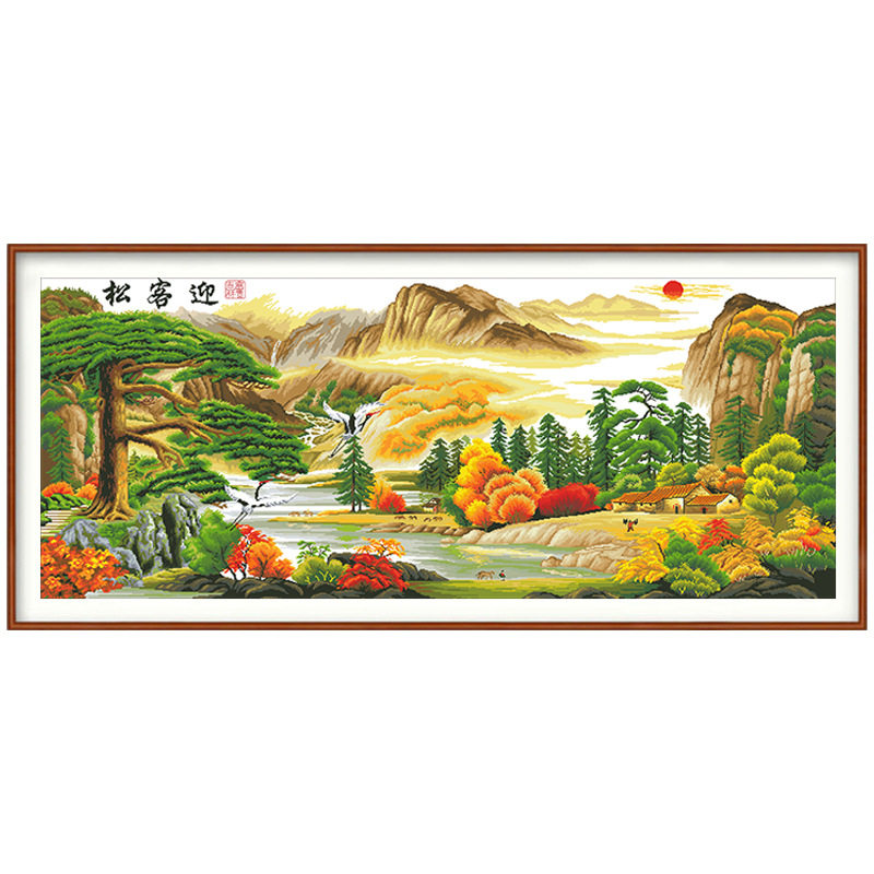 十字流水生财旭日风景山水画大格