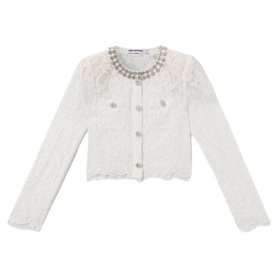 self-portrait 2025早春纯净白气质钻饰长袖SP蕾丝上衣