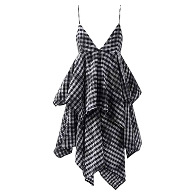 辣妹复古不规则双层格纹吊带裙