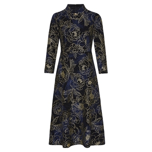 马天奴女装春秋新款藏青色印花立领连衣裙子收腰长裙气质复古时尚