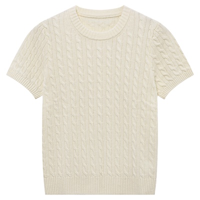 Basic House/百家好绞花白色短袖针织衫女春季新款休闲内搭羊毛衫