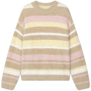 Matterain【闭店清仓】秋冬条纹拼色毛衣宽松长毛针织套头上衣