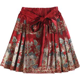高级感新中式女童短款织金马面裙秋冬古风儿童母女汉服红色拜年服
