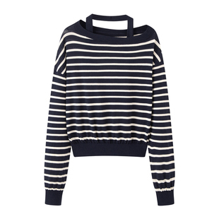 艾诺丝国内代购2026春季新款两件套条纹针织衫露肩毛衣女BR801201