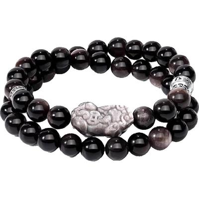 黑曜石手串双圈足银貔貅手链礼物