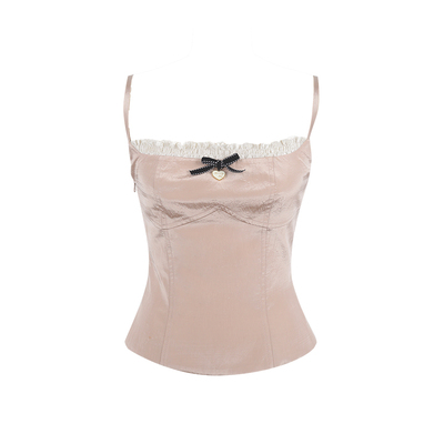 蝴蝶结木耳边拼接吊带上衣