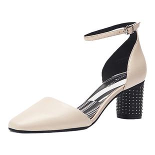 LR包头粗跟搭裙子凉鞋一字扣带方头法式半凉单鞋女LJ233K12034