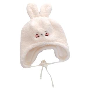 婴儿童秋冬加绒保暖护耳帽女童宝宝可爱白色兔子加厚羊羔绒帽子