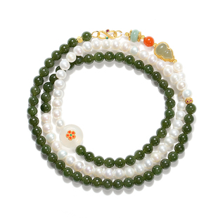 天然和田玉碧玉淡水珍珠毛衣链女长款新中式项链葫芦多宝串珠挂件