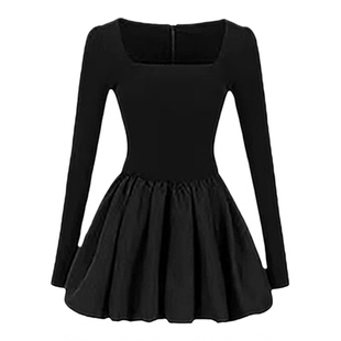 赫本风黑色公主蓬蓬连衣裙女秋冬季生日千金感年会战袍短裙子