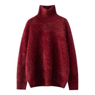 拉绒花纱100%纯山羊绒衫女高领毛衣慵懒风加厚保暖通勤针织打底衫
