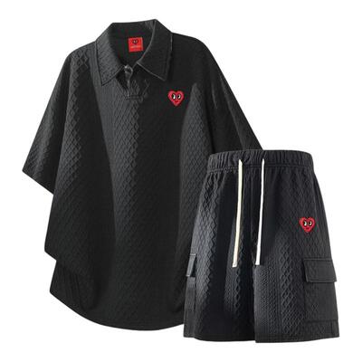 查尔斯桃心华夫格短袖休闲套装男