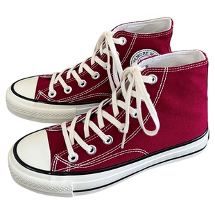 酒红色高帮时尚青春潮流韩版百搭学院系带男女同款情侣休闲帆布鞋