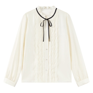 秋水伊人千金风蕾丝立领衬衫2026年春季新款女甜美撞色肌理感上衣