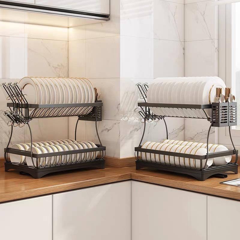 不锈钢厨房置物架双层碗筷沥水架放餐具碗碟收纳盒碗碟架可折叠